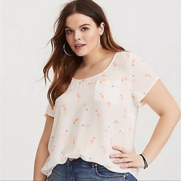 torrid Tops - TORRID Abby Flamingo Printed Lightweight Georgette Chest Pocket Back Button Top